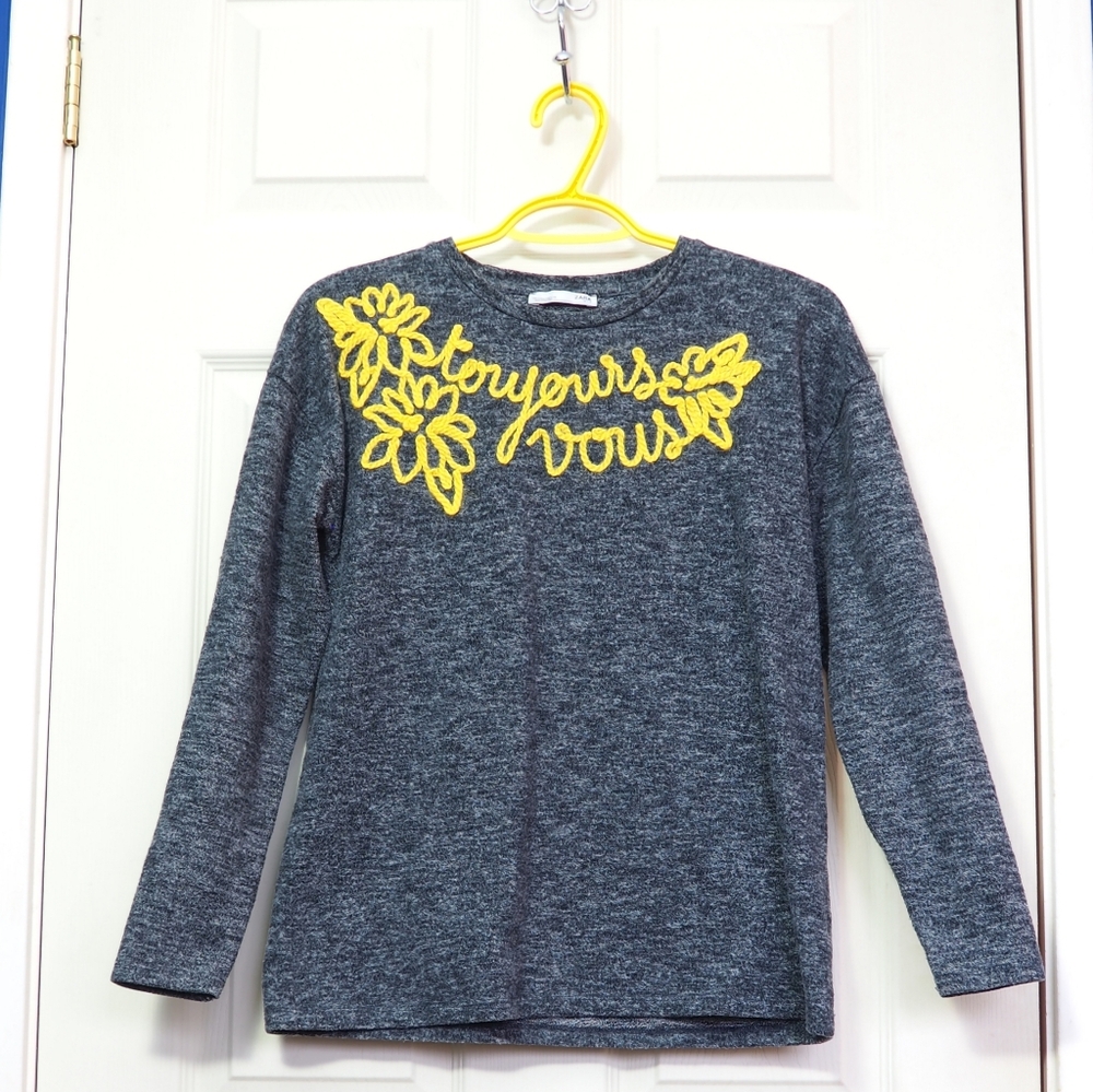 Gray Long Sleeve Shirt with Yellow Embroidery